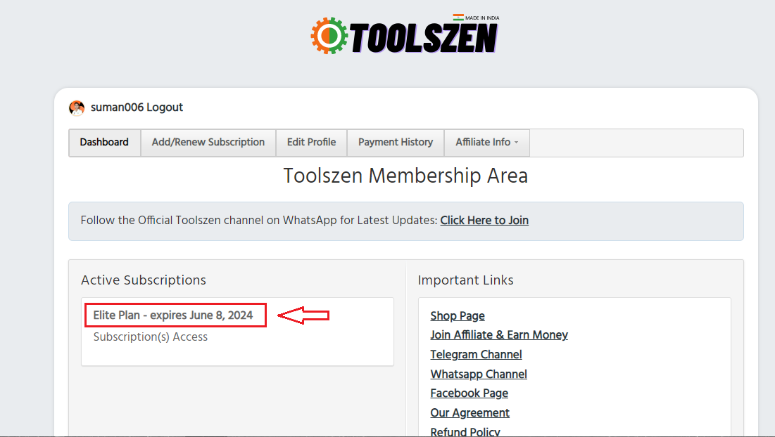 ToolsZen user dashboard ToolsZen user dashboard