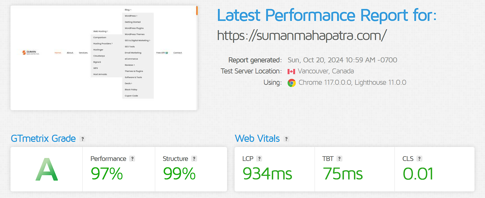 Latest Performance report from GT metrix.
Location of Test Server: Vancouver, CanadaUsing: ChromeGTmetrix Grade: APerformance: 100%Structure: 100%Web Vitals:Largest Contentful Paint (LCP): 349msTotal Blocking Time (TBT): 52msCumulative Layout Shift (CLS): 0