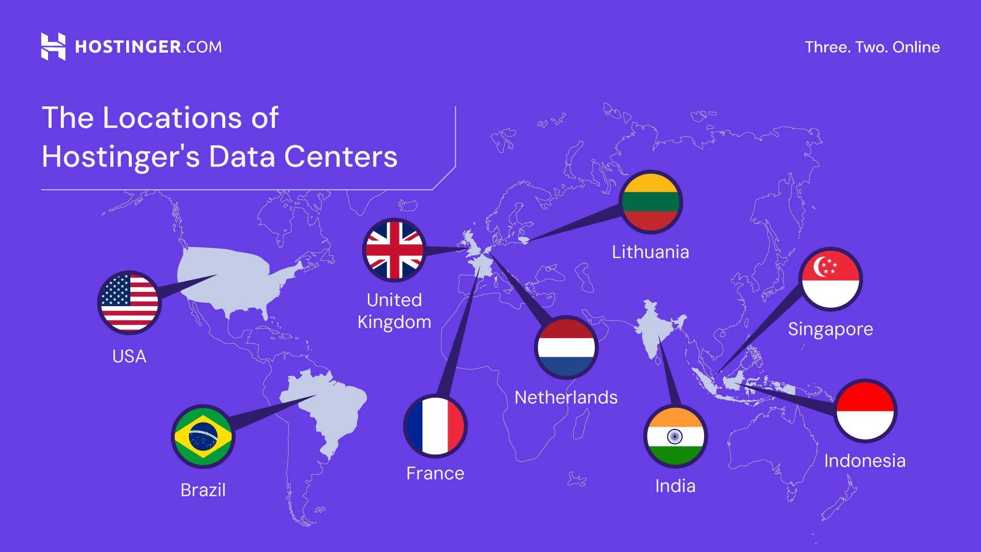 Server Locations and Redundancy of Hostinger's server including USAUKNetherlandsLithuaniaSingaporeBrazilIndonesia